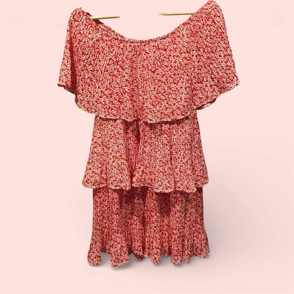 Cute red white fiesta floral ruffle crinkle mini dress off the shoulder fun